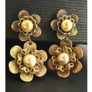 Vintage Earrings Screwback Art Nouveau Revival Floral Dangle
